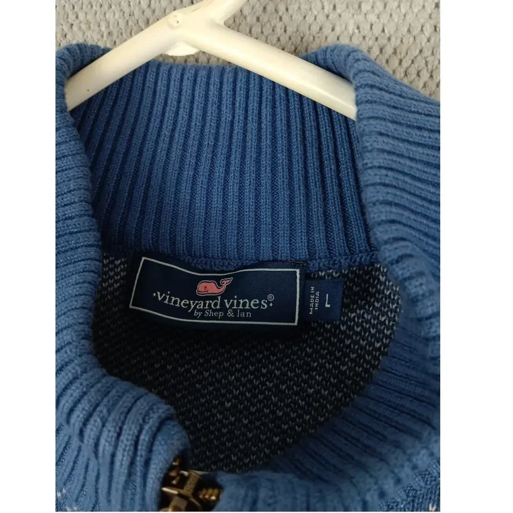 Vineyard Vines Quarter Zip Knit Sweater Mens‎ Large Blue Repeating Anchors
